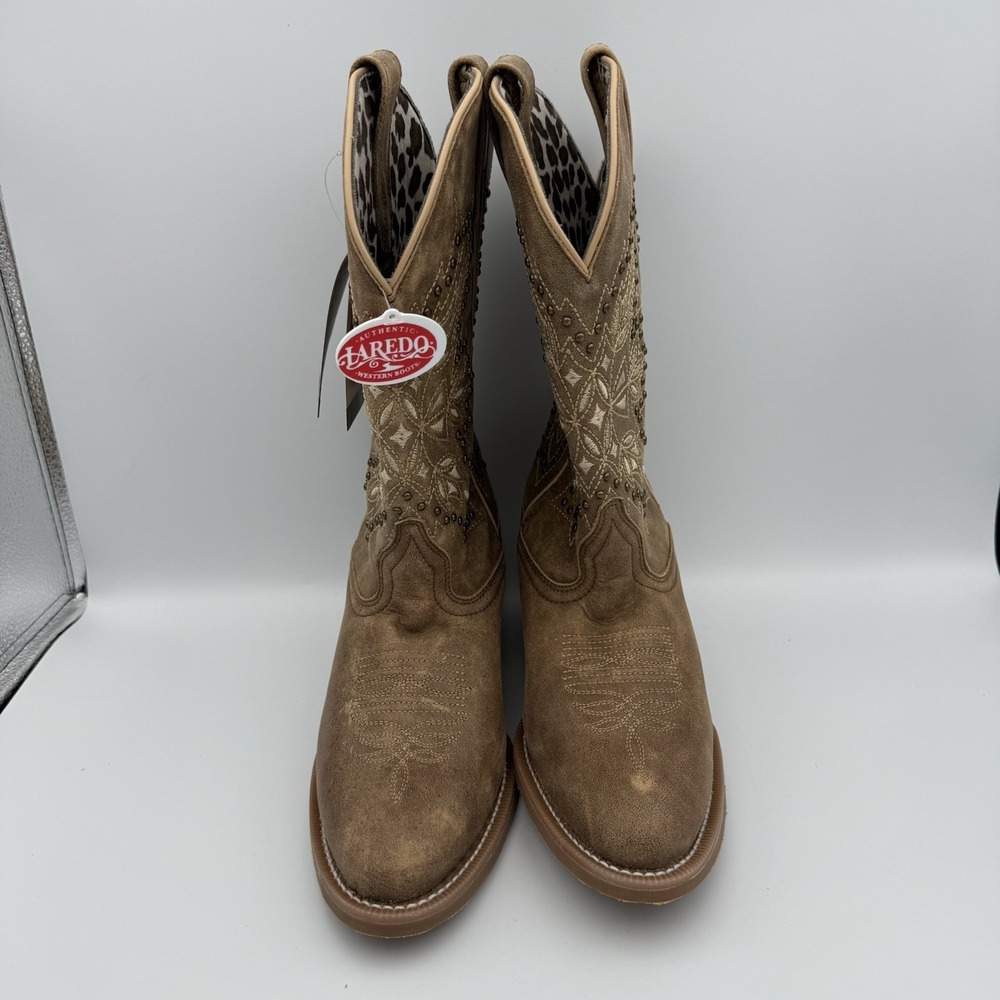 NEW Laredo Womens Journee Brown Leather Embroidered Studded Cowboy Boots Sz 7.5